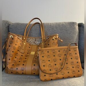 MCM Cognac Medium Reversible Shopper with Pochette